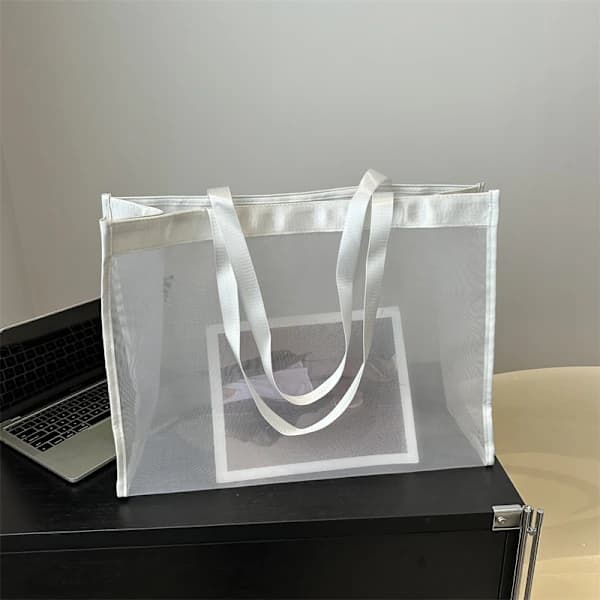 Transparent strandväska i nylon, mesh-shoppingväska, VIT