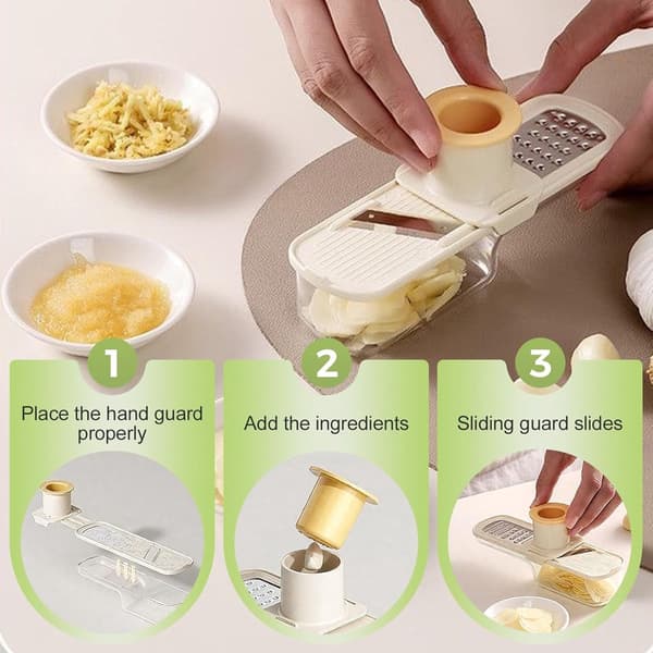 Multifunksjonell hvitløkspresse og mandolin, mini hvitløkskutter, håndpresse, grønnsaksmandolin med holder (krem/1 stk)