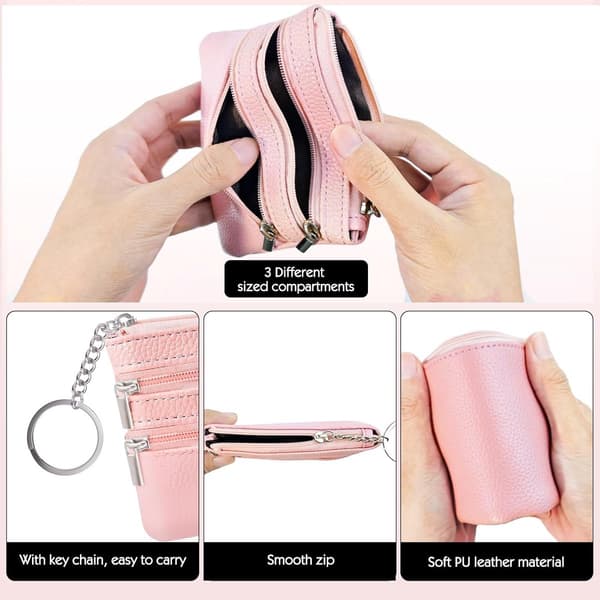 2 Mini Wallets for Women Compact Leather Zipper Around with 3 Compartments Key Holder Black Pink