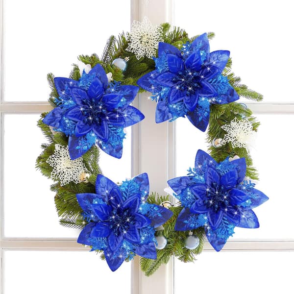 25 stk. juleblomster, blå kunstige blomster med klips og blomsterstilk