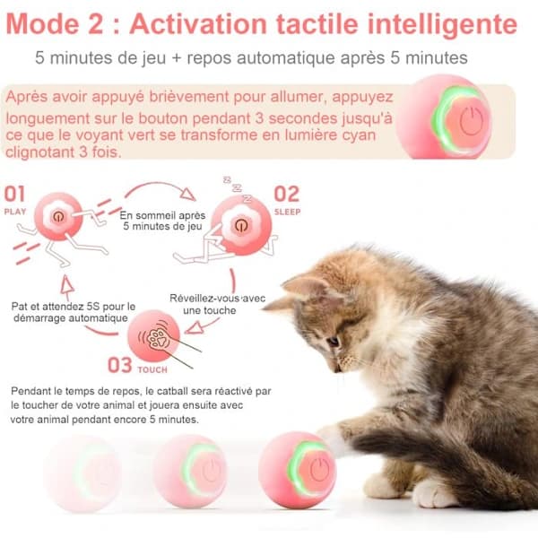 Interactive Cat Ball, Smart Automatic Rolling Cat Toy for Indoor Use, with Changing LED Lights, 2 Modes