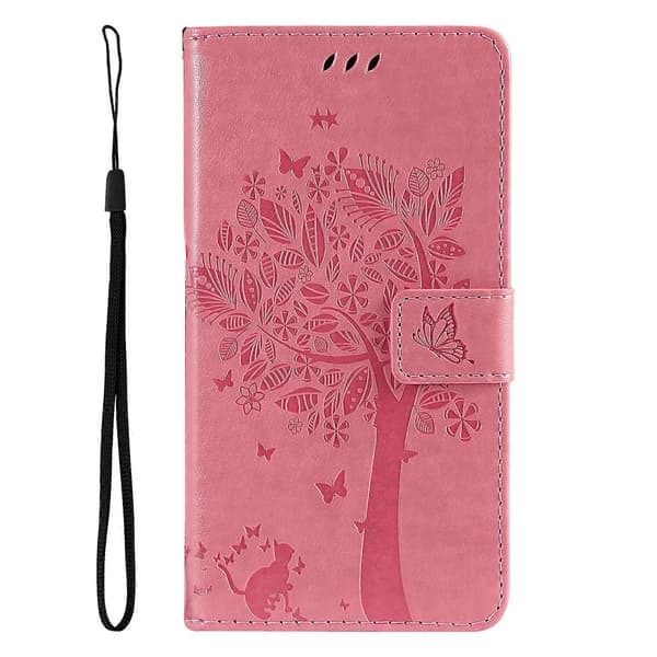 For vivo Y21/Y21s/Y33s Tree & Cat Embossing Pattern Horizontal Flip PU Leather Case with Holder & Card Slots & Wallet & Lanyard [DB] Pink Pink