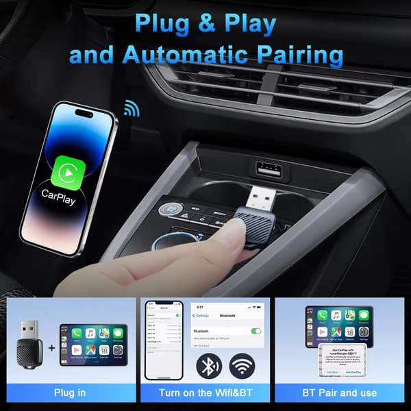 Langaton CarPlay-sovitin 2-in-1 Plug and Play, CarPlay- ja Android Auto -yhteensopiva