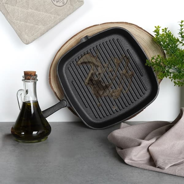 Firkantet støpejerns grillpanne med grillbunn og silikonhåndtak