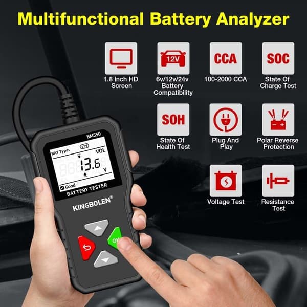 Digital batteritester til 6V 12V 24V - 100-2000 CCA med omvendt polaritetsbeskyttelse[JUN]