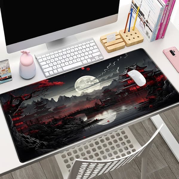 Japansk skrivebordsmåtte Fuld Måne Skrivebordsmåtte Sort Rød 80 x 40 cm Musemåtte Gaming Musemåtte Udvidet Tastaturmåtte Bærbar Com