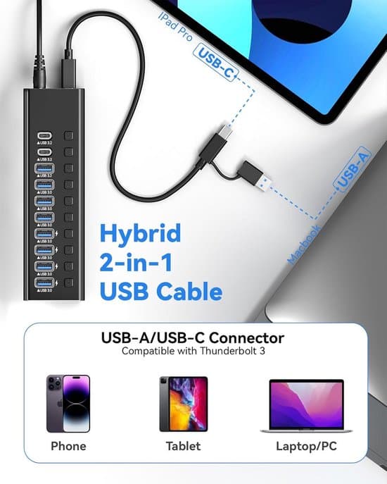 Denne selvforsynede USB 3.2-hub har 10 USB 3.2/USB-C-porte (1 x 10 Gbps USB-A 3.2-port + 2 x USB-C 3.2-porte + 7 x USB-porte)