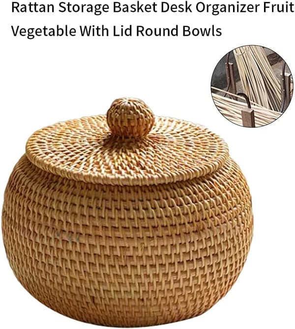 Braided Storage Basket with Lid - Rattan Basket Small Braided Box - Woven Rattan