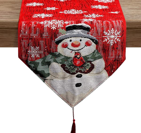 Christmas Table Runner with Tassels, Santa Snowman Elk Tree Polyester Cotton Table Runner (Snowman)