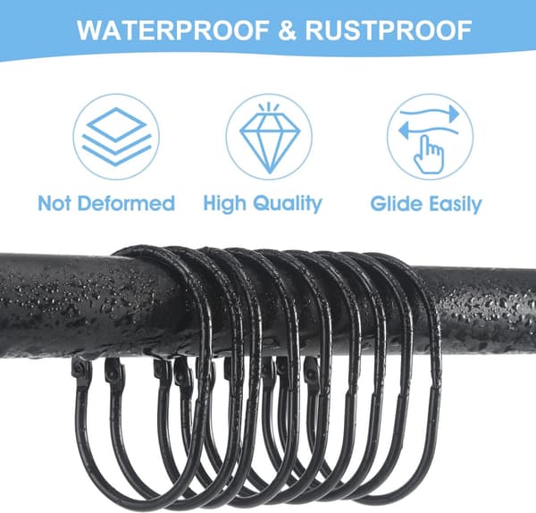 10 Pcs Shower Curtain Hooks (Black), Oval Snap Shower Ring for Curtain, Glide Smoothly Shower Hooks