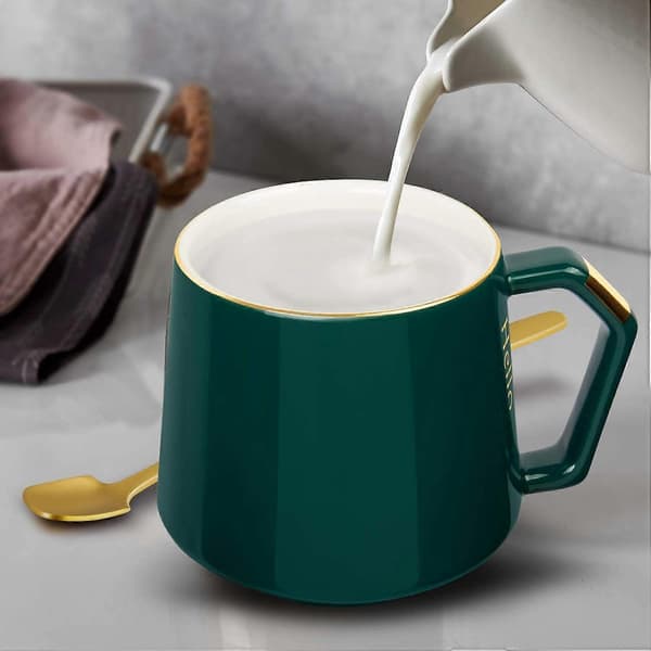 Ceramic Mug Coffee Mug with Lid Coffee Cup + Stainless Steel Spoon, 380ml Tea Mug (Green)