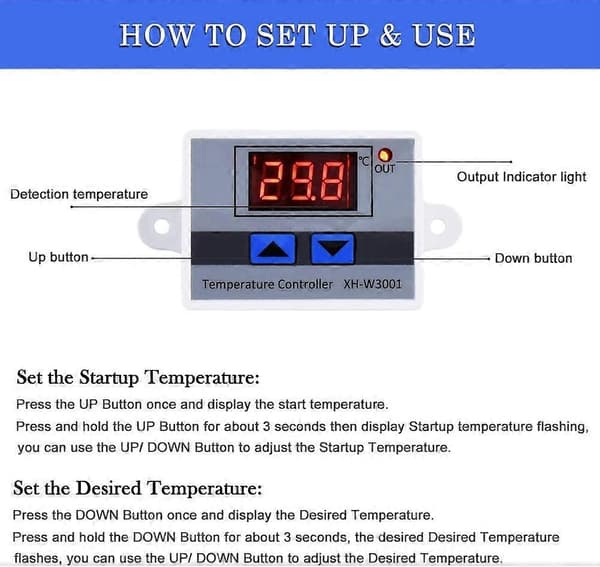 220 Digitalt LED Temperaturkontrollmodul, XH-W3001 Termostatbryter med Vanntett Sonde, Programmerbar Varmetermostat [DB]