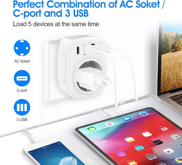 USB-uttak, 5-i-1 uttakadapter, vegguttakadapter (hvit)