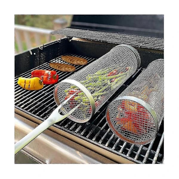[LD] Two-pack Rolling Grill Baskets, Best Grill Baskets, Stainless Steel Round Grill Grates.