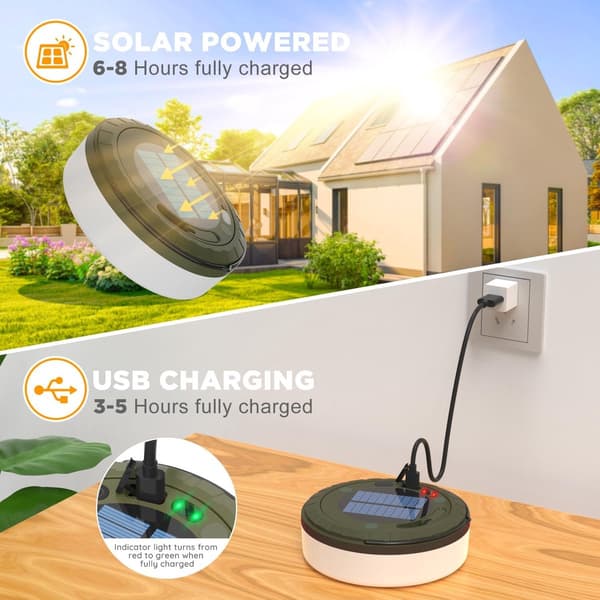 2-in-1 Solar Powered Camping Lantern with 10m Retractable String Lights, USB Rechargeable 8 Modes, For Tent Hiking Patio, Army Green White