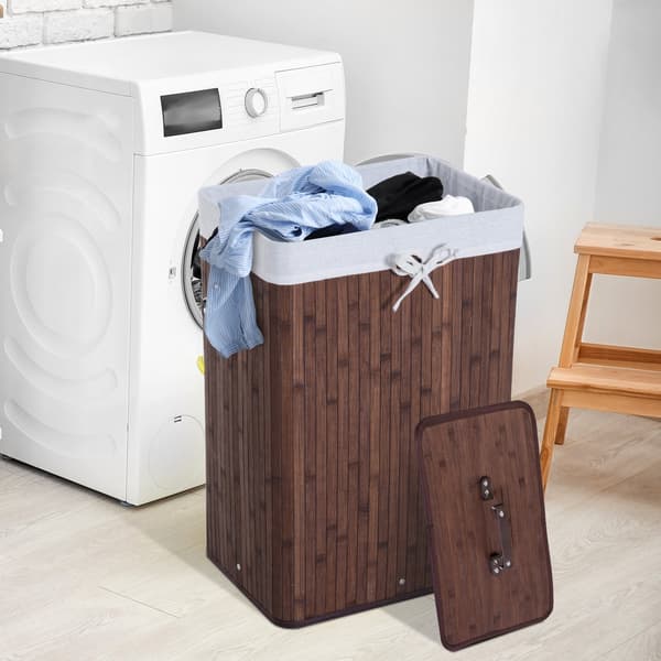Laundry Basket With Lid 72L Foldable Washable Laundry Bag Bamboo With Handles Dark Brown 40X30X60Cm
