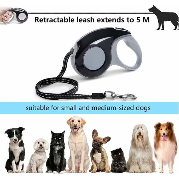 Retractable Dog Leash, Telescopic Traction Rope, Dog Training Leash, One-Button Braking and Locking, Non-Slip Handle, Max 15 kg (Black, 5 meters)
