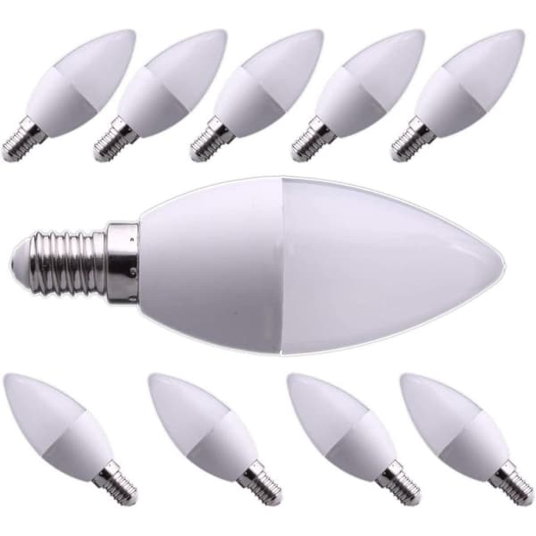 10 LED-pærer 7W E14 C37 svarende til 60W, 330° spredningsvinkel, neutralt hvidt lys 4200K. Perfekt til stuen.