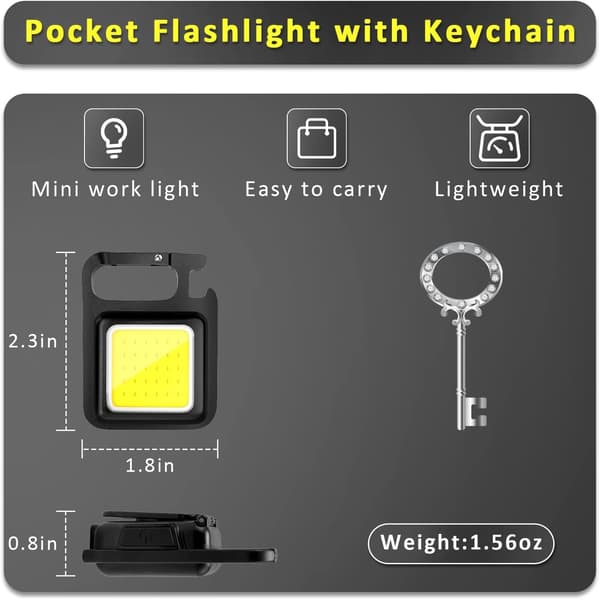 Rechargeable Keychain Light, 2-pack, Ultra-bright LED Work Light with High Lumen, Magnet, Clip and Bottle Opener-FX-