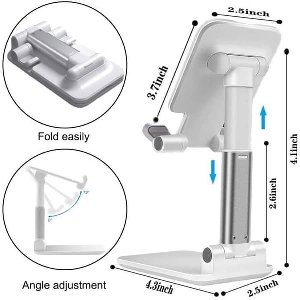 Foldbar smartphone- og tabletholder. Justerbart stativ med flere vinkler og udtrækkelig arm til iPhone 11, iPad, Huawei (Hvid)