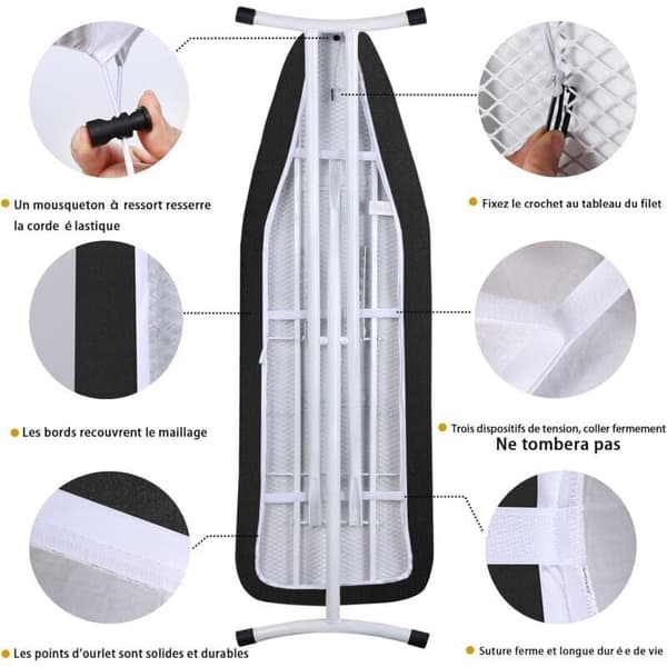 Ironing Board Cover 148x55cm, Extra Large with 100% Cotton Top Thick Padding, Scorch Resistant Easy to Install (XXL, Black)
