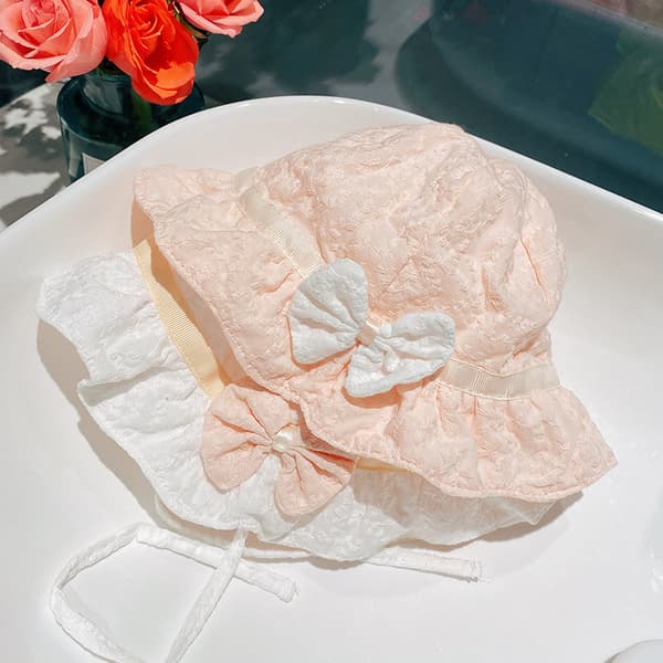 Rosa 1 st Spetsbåge sommar baby flicka hatt Bomulls solhatt Nyfödd baby hatt