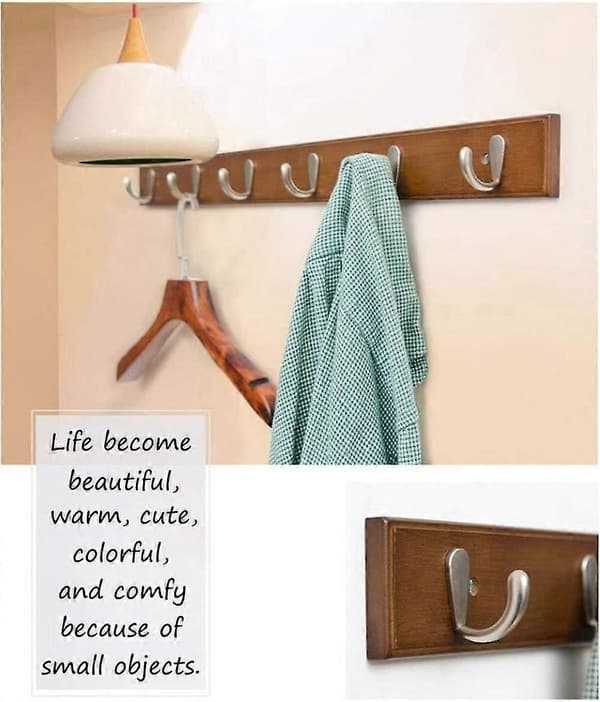 Wall-mounted wooden coat rack, towel rack with 4 hooks wall-mounted for kitchen and bathroom (coffee)