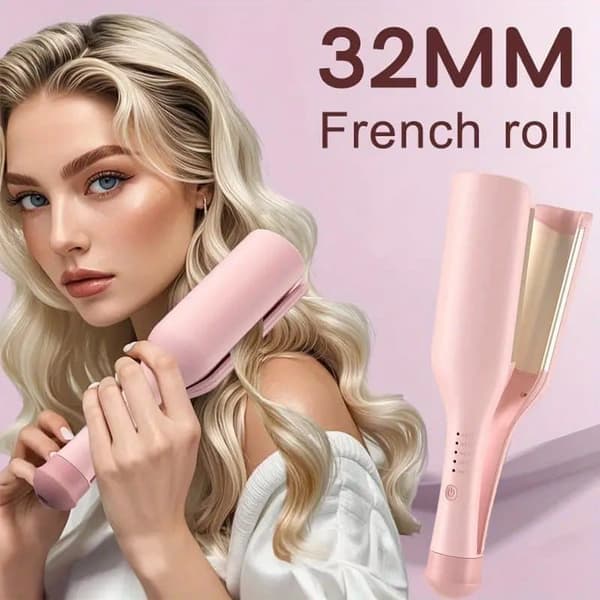 Curling Iron for Large Curls 32 mm, French Wave Curling Iron 32 mm, Beach Wave Curling Iron, Curling Iron 160°C Pink