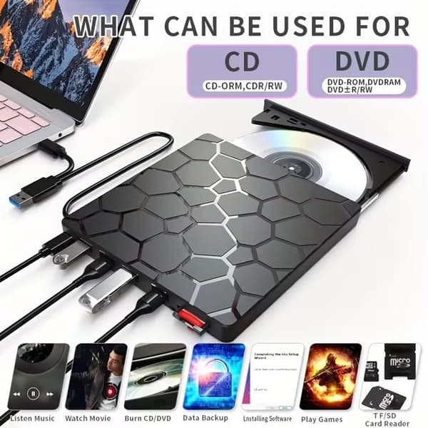 Ultratynn 8-i-1 USB 3.0 bærbar CD/DVD-brenner. Rask overføring, kompatibel med Windows/Mac/Linux, ingen ekstern strømforsyning kreves.
