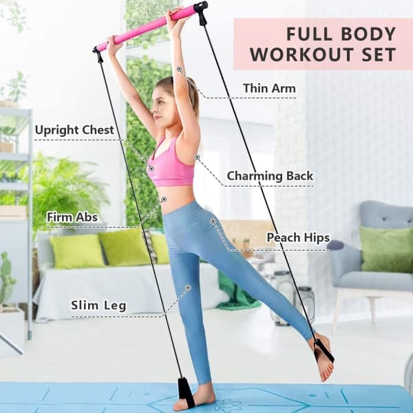 Pilates Bar Set Resistance Bands Adjustable Straps Exercise Pink Pink Pink Pink