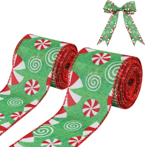 Ruller Trådbundet Julebånd (Grøn Baggrund), 2,5\" Bred Mint C