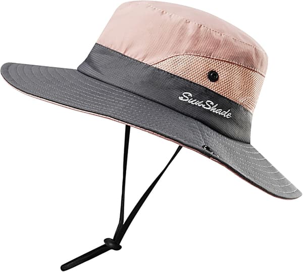 UV-skydd utomhus, hopfällbar solhatt, nät, bred brätte, strandfiskehatt med hål för hästsvans (rosa)