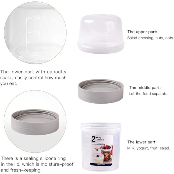 Portable Cereal Cup Double Layer PP Yogurt Salad Fruit Snack Container for Work Travel School 310ml Plus 560ml