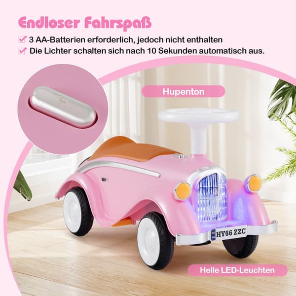 Gåbil for småbarn med horn, LED-lys, oppbevaring, rosa
