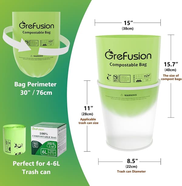 Compostable Caddy Bags 6 Litre x 150 Bags, Biodegradable Waste Bags 6L/10L/30L for Kitchen Compost Bins
