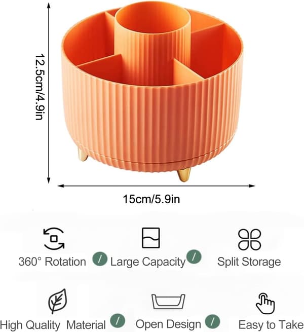 360° Rotating Makeup Organizer Makeup Brush Holder with 5 Compartments for Dressing Table Bedroom Bathroom Office Orange Orange