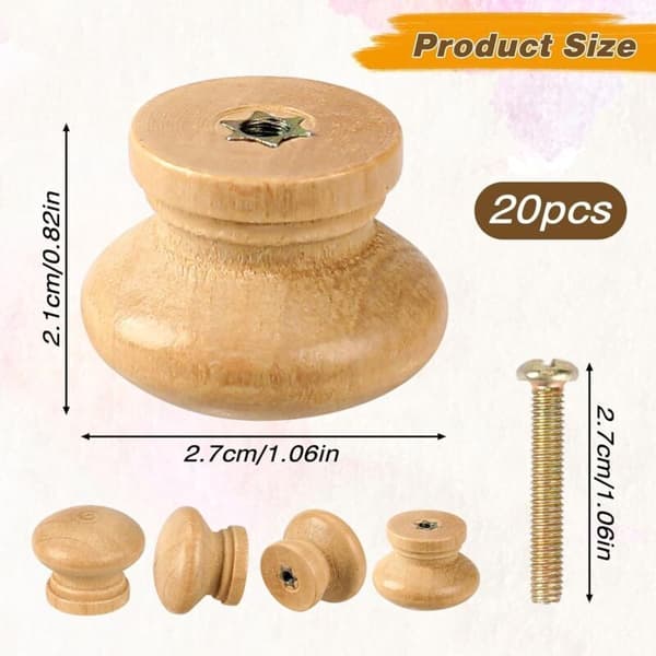 20 Untreated Wooden Knobs for Drawers, 2.7 cm Round Cabinet Knobs, Compatible with IKEA Furniture