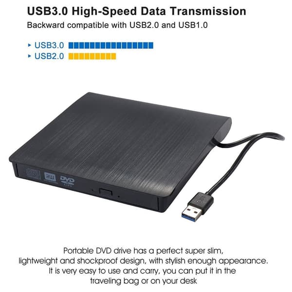 Bærbar Ekstern CD-stasjon USB 3.0, Høyhastighets DVD/CD ROM-brenner, Plug and Play