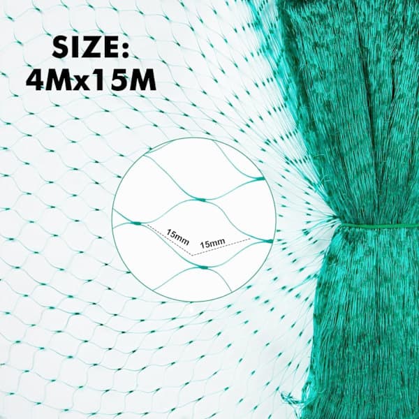 Fuglenett, 4 x 15 m, for hager, trær, frukt, grønnsaker og dammer.