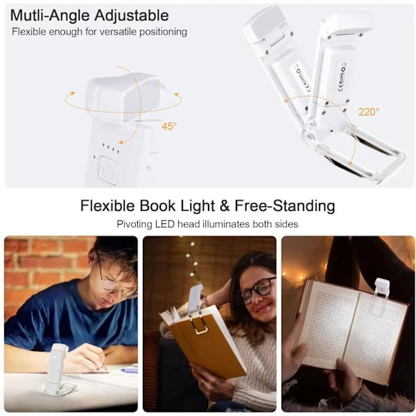 Rechargeable Reading Light, 3 Modes & 5 Adjustable Brightness Levels, Clip-on Book Light for Bed, Portable Lamp Clip