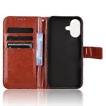 Kompatibelt etui til iPhone 16 Plus, Crazy Horse-tekstur, PU-læder, pung-etui (brun)