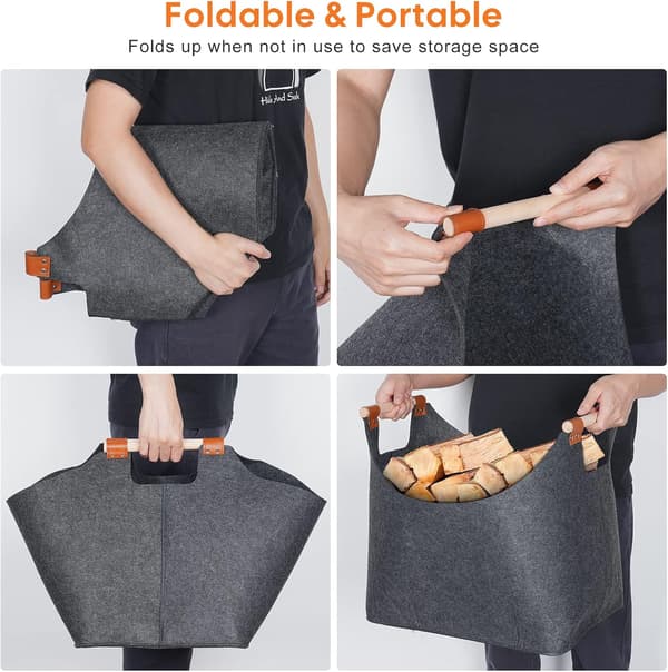 (45x32x40cm) Felt Firewood Basket with Handles Foldable Firewood
