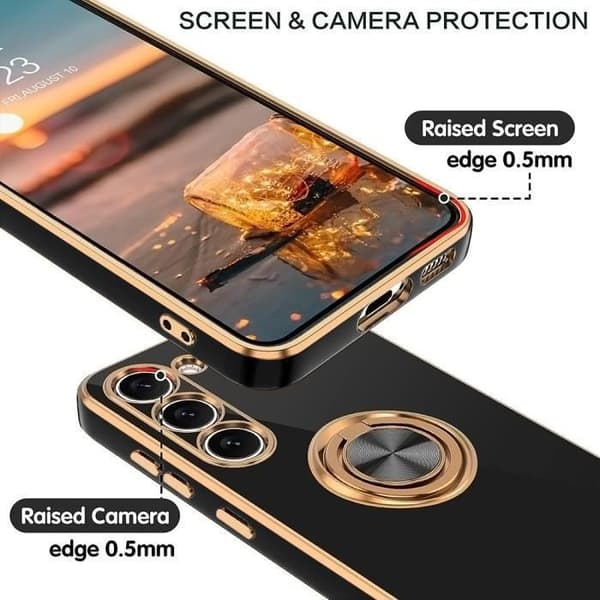 Booling Silikonskall til Samsung Galaxy S23, Ringstativ & Gullkanter [JUN] Svart Svart