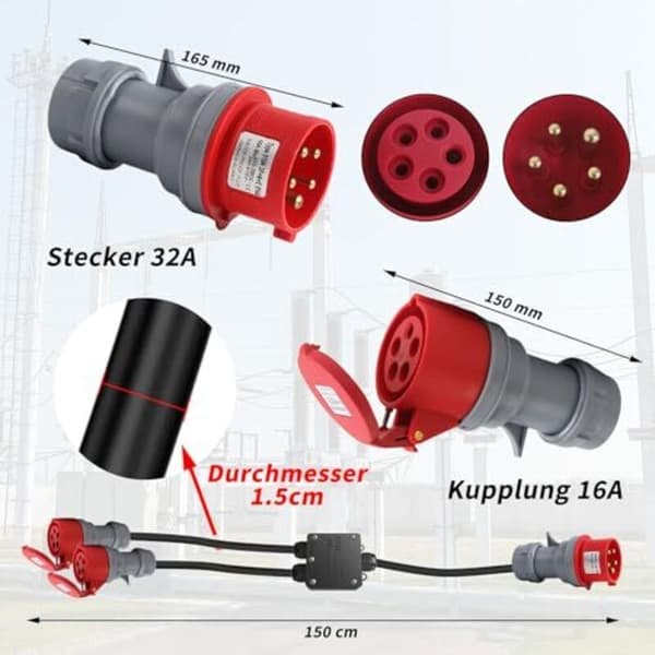Heavy Duty CEE Adapter 32A to 16A IP44-66 5-Pin Phase Inverter 150cm for Outdoor Construction Site Workshop