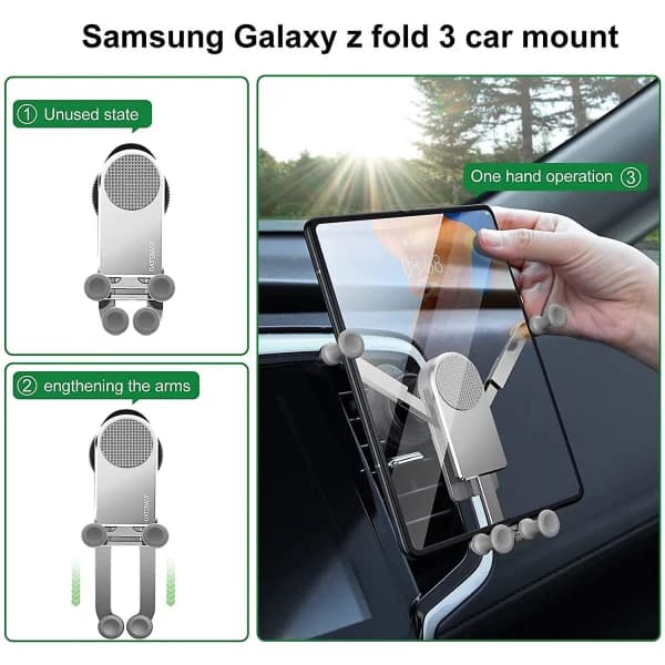 Gravity Biltelefonholder Kompatibel med Samsung Galaxy Z Fold 4/Z Fold 3, Bil Luftventil Clip Mount Smartphone Stativ Sølv