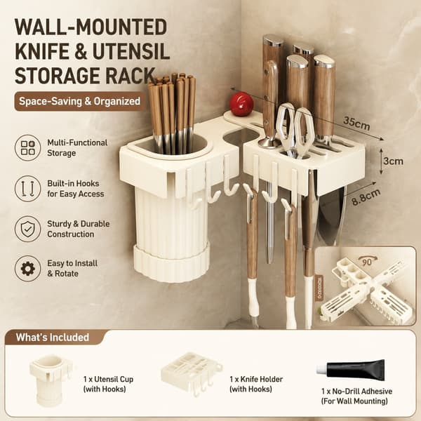 Wall-mounted knife holder and chopstick container, drill-free storage rack, single cup in cream, carbon steel, kitchen