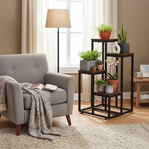 Loft-tyylinen kasviteline 4 hyllyllä, terästä ja lastulevyä