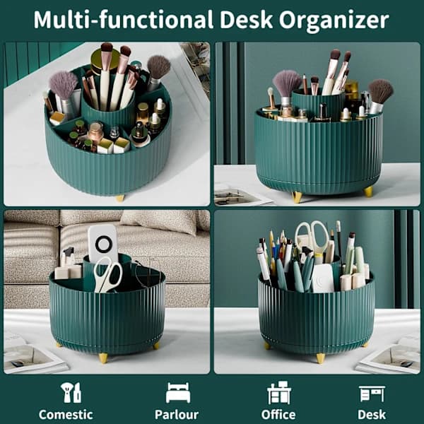 360 Rotating Pen Holder Desk Organizer with 5 Compartments ABS Storage Box for Office Home Makeup Accessories Dark Green Dark Green
