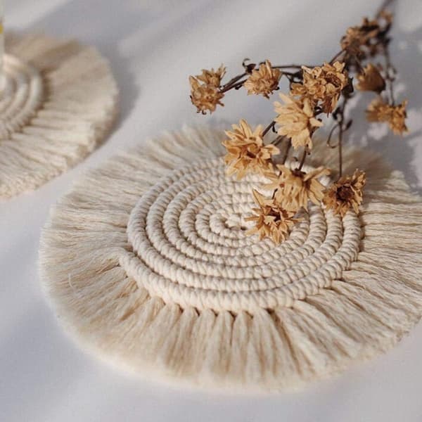 Absorberende Coasters, Varmebeskyttende Måtte Macrame Coasters Boho Boligindretning til Miljøvenlige Coasters, Sæt med 6