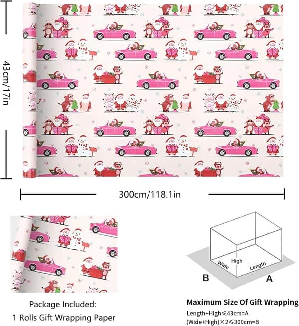 Gavepapir Rosa Julenisse mønsterpapir (43CMX 300CM)